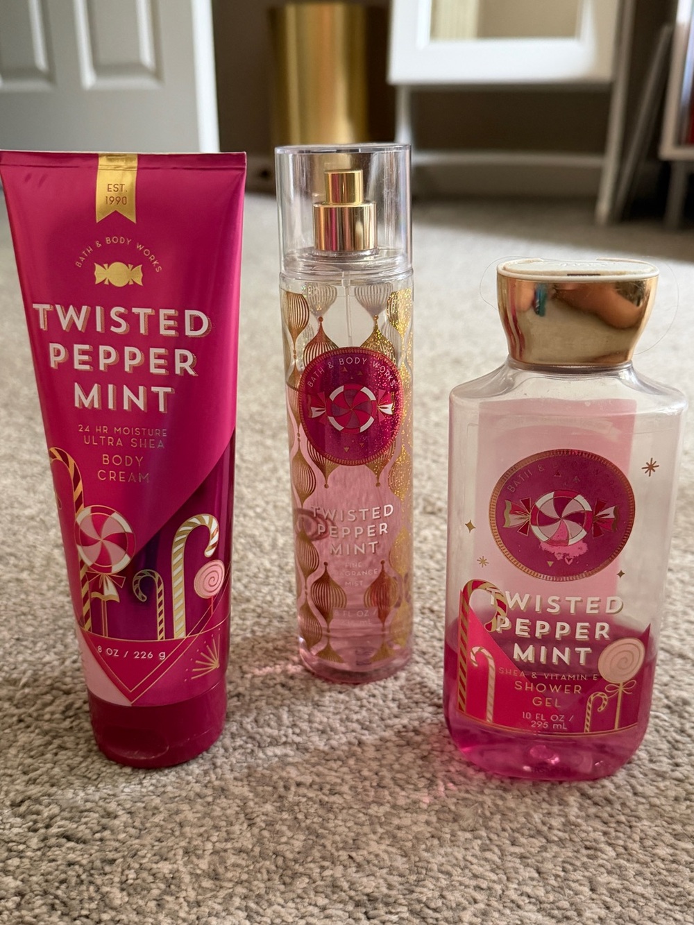 Bath & Body Works Twisted Peppermint 3 Piece Set Mist Cream Shower Gel Holiday